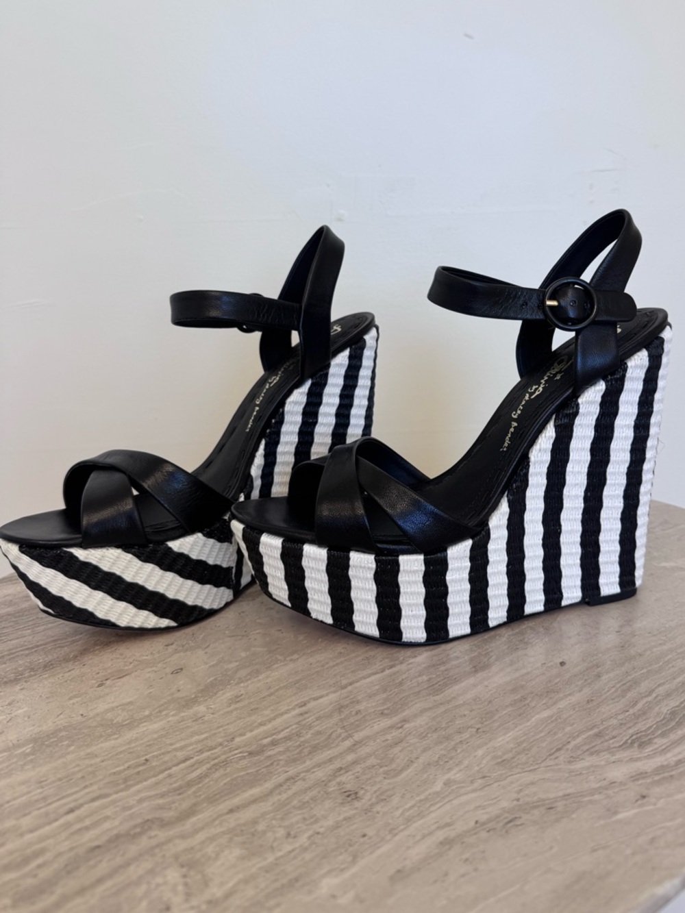 NBW Alice + Olivia Black Strappy Wedges with Black & White Striped Platform